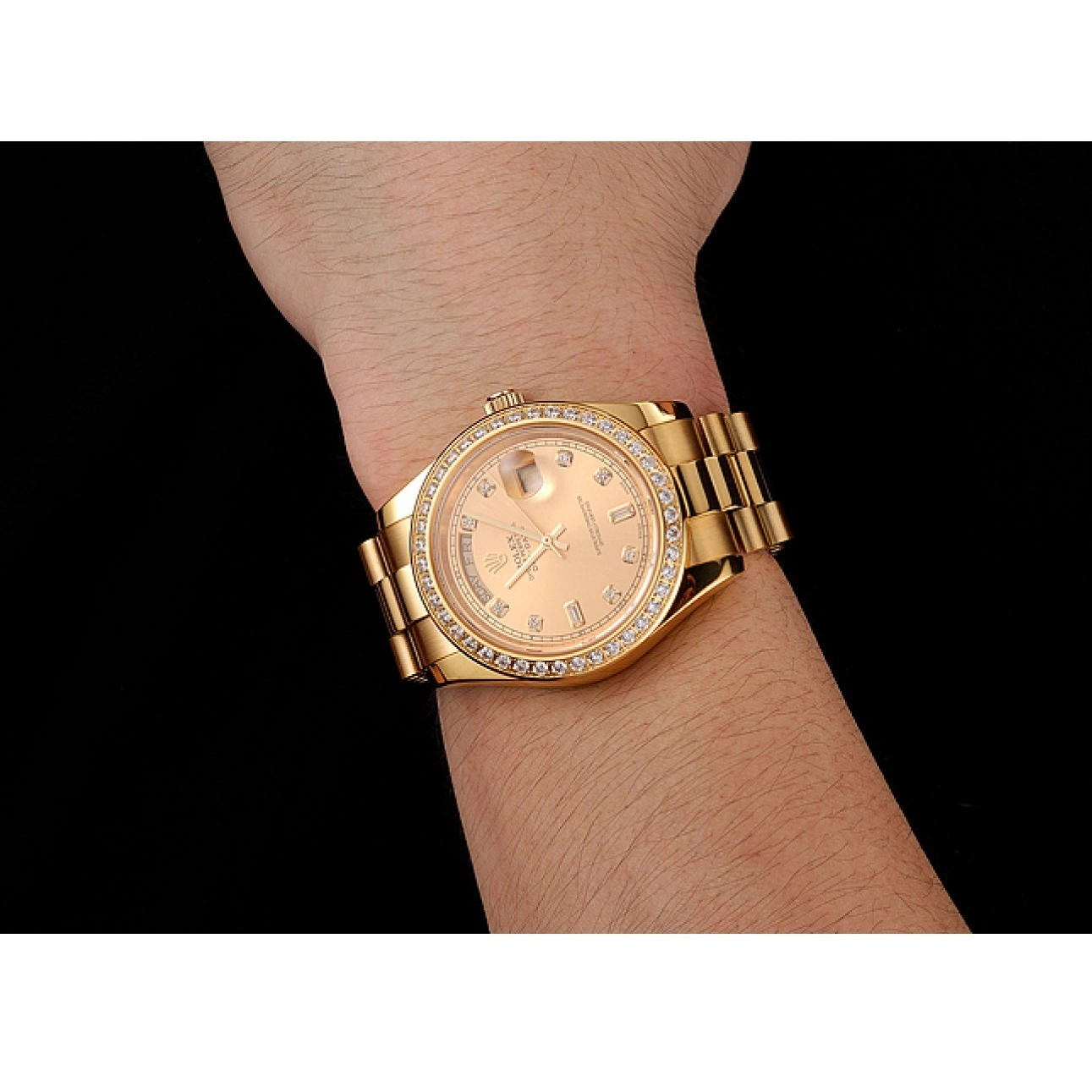 Aaa replica watch Champagne Rolex Gold Dial Day-Date Bezel Diamond Bracelet Swiss 1454099 0623